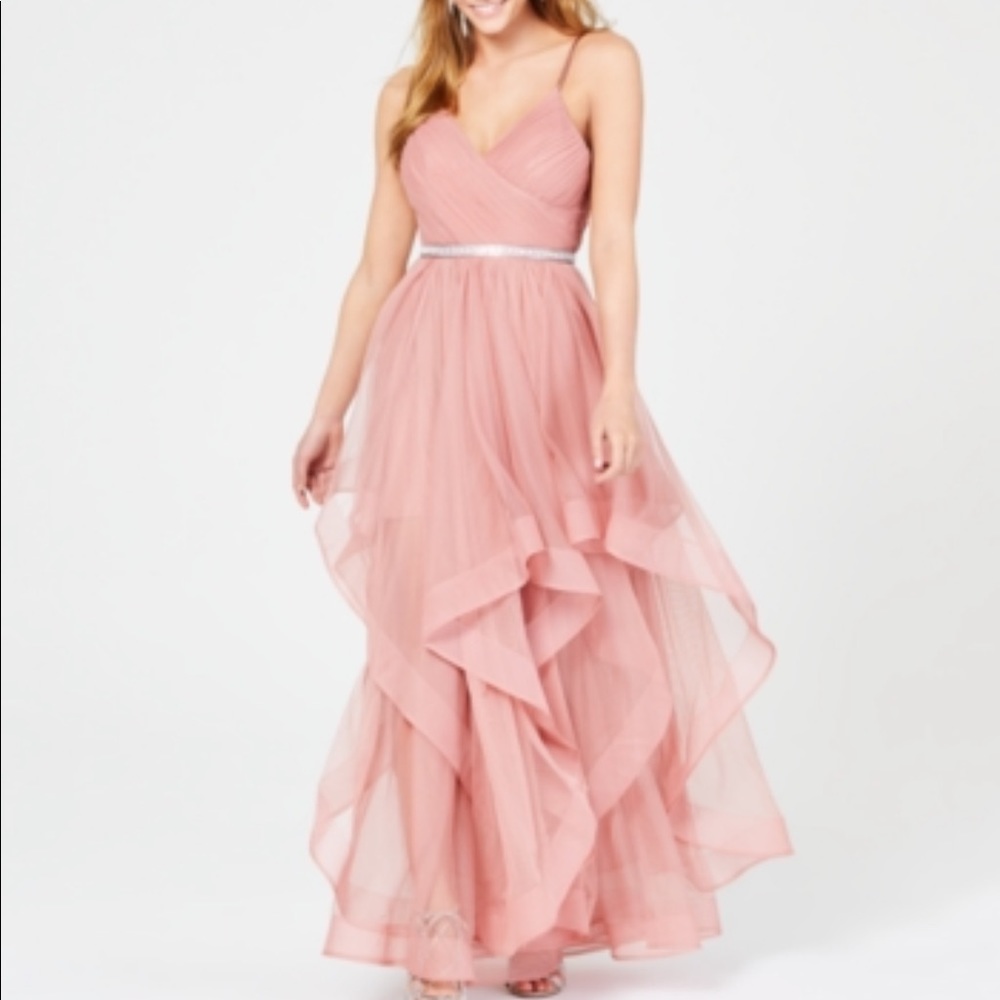 Sequin Hearts Rhinestone Belted Layered Gown